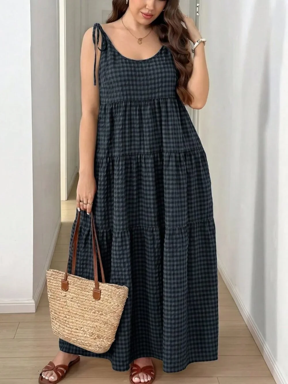 Multicolor Casual Women's Plus Size Plaid Sleeveless Dress